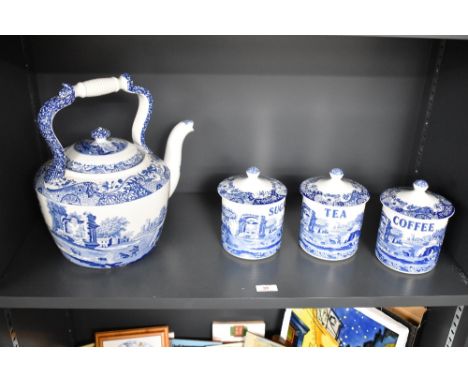 A late 20th century oversized blue and white Spode ceramic kettle decorated in the Italian pattern, h31cm, sold together with