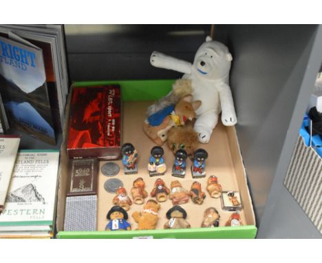 A collection of pin badges, playing cards and miniature toys, to include Paddington Bear, Basil Brush, the Wombles, Robertson