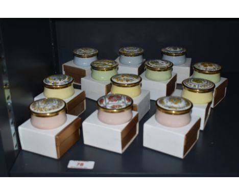 A selection of late 20th century 'The Shakespeare Garden' enamel trinket boxes, 5cm, coloured in a variety of shades of blue,