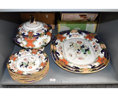 A Victorian Ironstone part dinner service decorated in the Imari pattern, marked '3980' to base, to include ashettes,49cm, a 