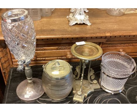 A silver plated and glass biscuit barrel etc. Est. £20 - £30.