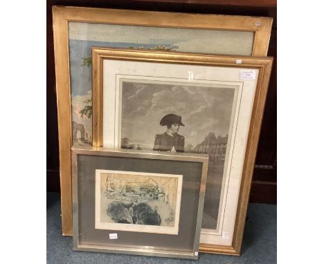A framed and glazed tapestry together with prints. Est. £20 - £30.