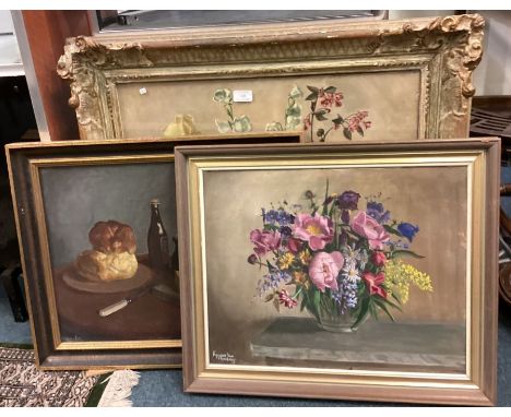 A framed and glazed oil painting together with a tapestry. Est. £20 - £30.