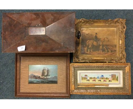 An old tea caddy together with pictures etc. Est. £30 - £50.