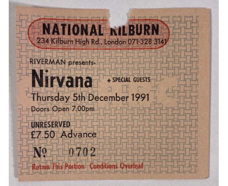 A ticket stub for a Nirvana concert at the Astoria Theatre, London on 5th December 1991. 8 x 7.5cm.