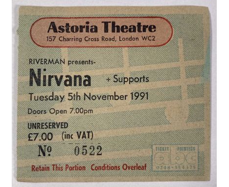 A ticket stub for a Nirvana concert at the Astoria Theatre, London on 5th November 1991. 8 x 7.5cm. Excellent condition.