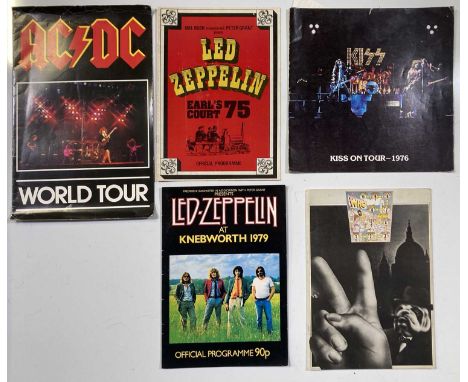 Five concert / tour programmes: Kiss USA 1976 with Kiss Army insert, The Who 1975 European tour, Led Zeppelin Earl's Court 19