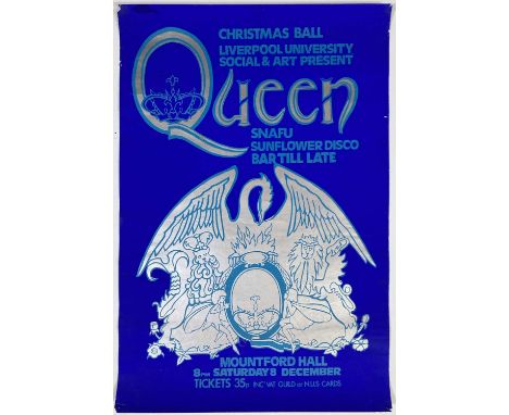An original concert poster advertising Queen at the Christmas Ball at University of Liverpool 8th December 1974. Measures 20 