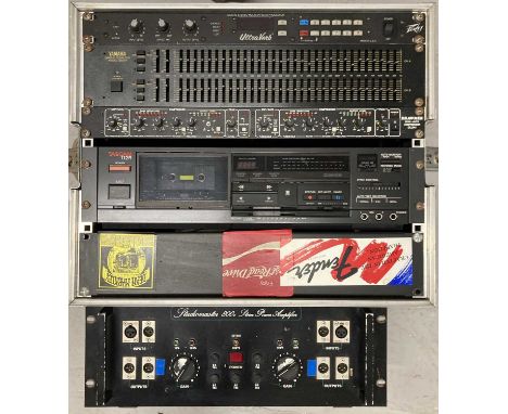 A flight case with rack mounted hardware to inc: Ultraverb Stereo Effects Processor, Yamaha Graphic EQ Q2031A, Drawmer DL241 