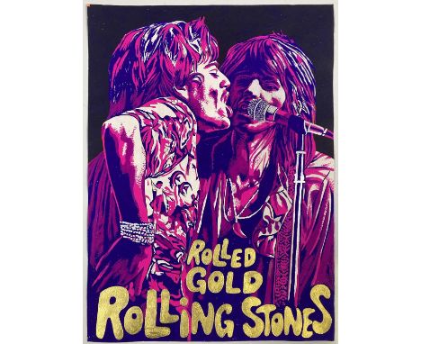 A handpainted poster depicting the Rolling Stones on stage. Signed by artist John Judkins. 22 x 30".,