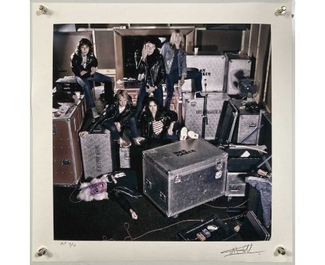 An artist's proof photo print of an image by Martyn Goddard depicting Iron Maiden at a rehearsal studio in East London, 1980.