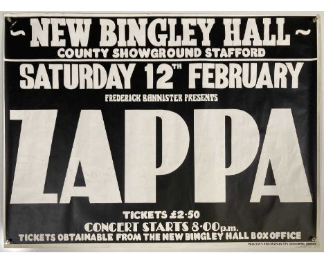 An original concert poster advertising Frank Zappa at New Bingley Hall, 12th Feb 1977. Measures approx 30 x 40". Rolled. VF c