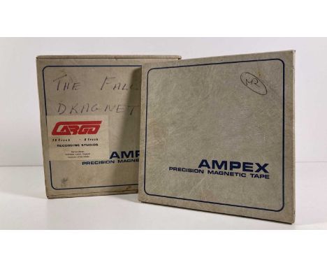 A boxed reel of 10.5" Ampex audio tape, with box bearing a 'Cargo Studios' sticker and handwritten info 'THE FALL 16 T DRAGNE