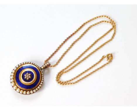 GEORGIAN LOCKET. A Georgian locket with blue guilloche enamel ground, the central pearl cluster framed in white enamel. The w