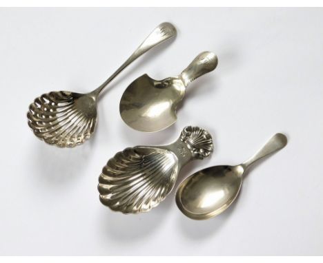 CADDY SPOONS ETC. Three various caddy spoons including a George III spoon with engraved & monogrammed handle. Birmingham 1799