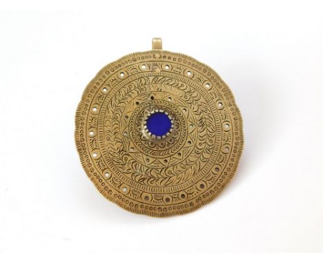 CLOAK PIN. A brass & blue glass Latin American Tupo-type pin for fastening a cloak/blanket. Punch engraved to the reverse Jua