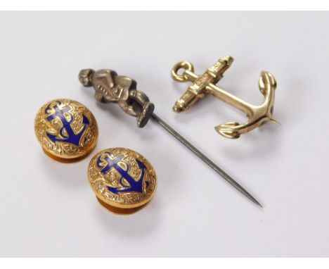 STUDS ETC. Two Victorian studs with blue enamelled anchors. Also, one other yellow metal anchor pin & a stick pin with cast V