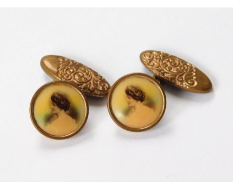 CUFFLINKS. A pair of early 20th century brass cufflinks, each with a celluloid portrait of an Edwardian lady.  Please note th