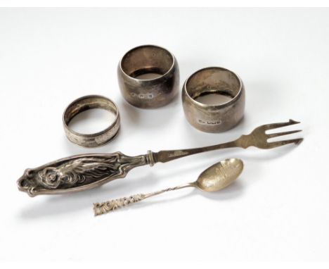 NAPKIN RINGS ETC. A pair of Edwardian silver napkin rings, each with engraved initials & one other napkin ring. Also, a silve