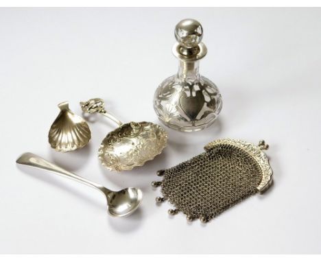 SCRAP SILVER ETC. A scrap silver caddy spoon, a Dutch spoon (a.f.) & a silver overlaid glass scent bottle with damaged neck. 