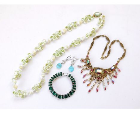 COSTUME JEWELLERY. Including a pressed brass paste, pink enamel & faux pearl necklace, a green paste bracelet etc.  Please no