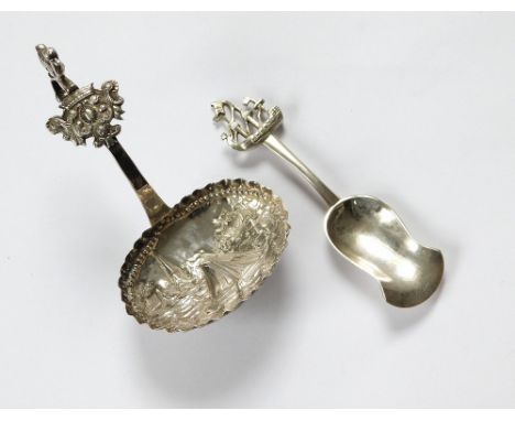 DUTCH SILVER. A Berthold Muller silver caddy spoon with ship finial. Stamped import marks for Chester 1909. Also, one other D