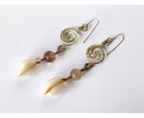 HELEN FEILER, NEWLYN. A pair of Helen Feiler, Newlyn, unique, one-off hand made silver earrings, hung with quartz & seashells