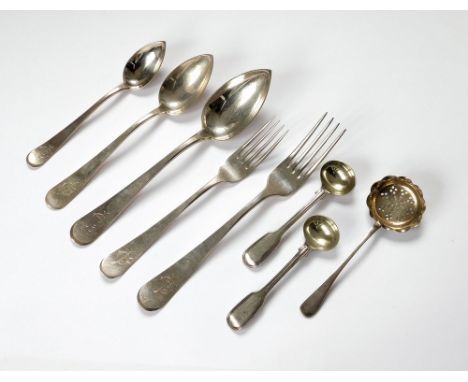 SILVER FLATWARE. A pair of Victorian fiddle & thread pattern, silver & silver gilt condiment spoons. London 1845 & a later su