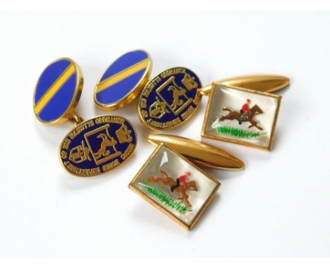 CUFFLINKS. A pair of gilt metal & lucite horse racing cufflinks & a pair of enamelled cufflinks for Riding House Department o