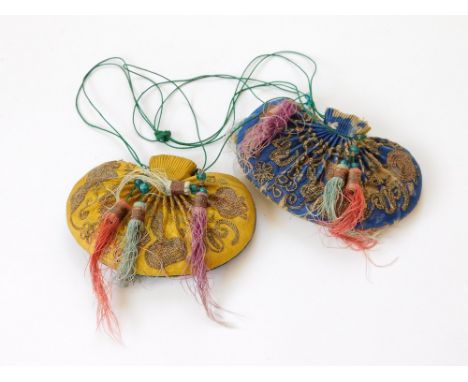CHINESE SCENT PURSES. A pair of 19th century Chinese scent purses, each with one blue & one yellow embroidered side & each hu