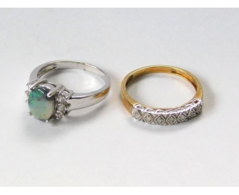 OPAL RING ETC. A 9ct. gold modern set dress ring & a 9k. half hoop diamond ring. Gross weight approx. 5.9g.  Please note that