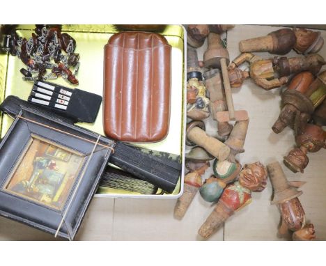 Miscellaneous collectables including novelty carved and painted wood bottle-stops, a set of engine turned silver plated card 