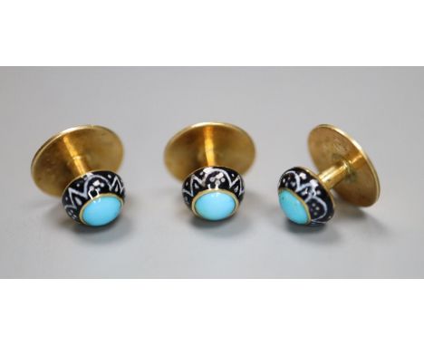 A set of three yellow metal, turquoise and enamel dress studs, gross 3.6 grams.