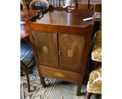 A George III inlaid mahogany tray top commode, width 50cm, depth 50cm, height 89cm