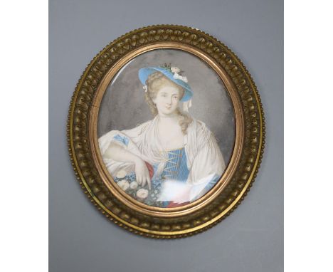 A 19th century oval portrait miniature of a lady on ivory, ormolu frame