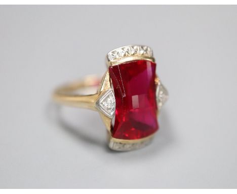 A 1950's? 10k yellow metal and fancy cut synthetic? ruby and diamond chip set dress ring, size L/M, gross 3.5 grams.