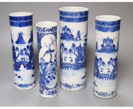 A pair and two other 19th century Chinese blue and white sleeve vases, three bear Kangxi mark, tallest 22cm