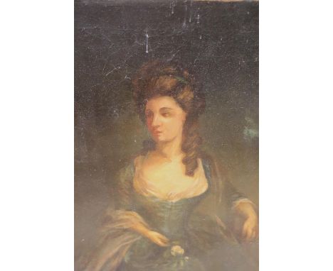 19th century English School, oil on canvas, Portrait of a lady holding a rose, 41 x 31cm, unframed