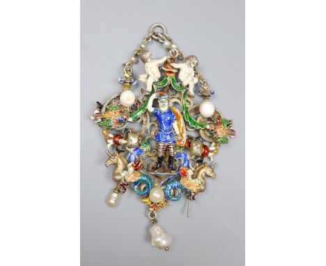 A 19th century Austro-Hungarian white metal, polychrome enamel, baroque pearl and diamond set drop pendant, decorated on fron