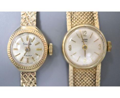 Two lady's 1960's/1970's 9ct gold manual wind wrist watches, Tudor Royal and Audax, Tudor overall 17.5cm, gross 23.1, Audax o