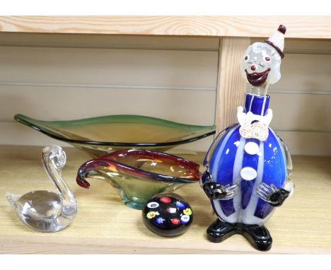 Five items of Art glass, including a 'clown' flask and stopper, a heavy shaped oval bowl, a smaller shaped oval cased bowl, a