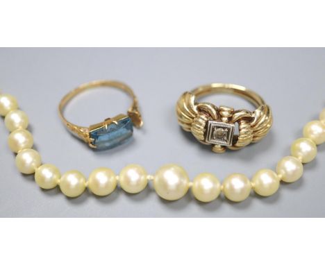 An early 20th? century yellow metal and diamond set ring, gross 7 grams, and 18k ring (a.f.) gross 1.9 grams and a cultured p