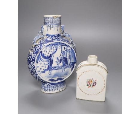 A 19th century Chinese blue and white moon flask, 22cm and a A Chinese famille rose tea canister and