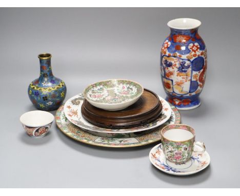 A 19th century Chinese cloisonne enamel vase, an 18th century Imari tea bowl and other Asian ceramics