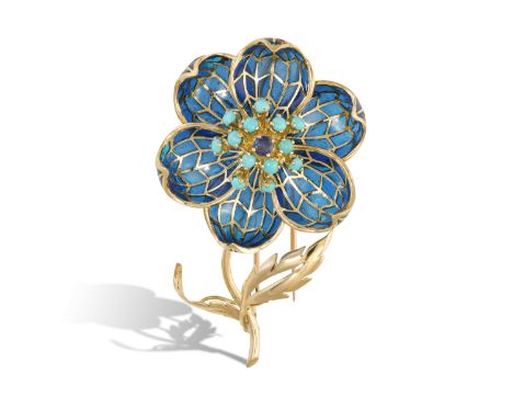 A TURQUOISE, SAPPHIRE AND ENAMEL FLOWER BROOCH, CIRCA 1965The plique-a-jour blue enamel petals arranged around a central clus