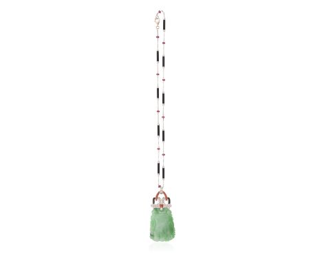 A JADEITE JADE AND DIAMOND PENDANT NECKLACEThe translucent carved jadeite jade plaque of green hue, with an onyx, coral and r