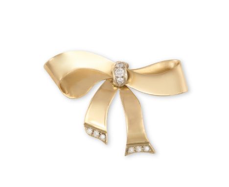 A GOLD AND DIAMOND BROOCHThe yellow gold bow, centrally set with round brilliant-cut diamonds to further diamond terminals, m