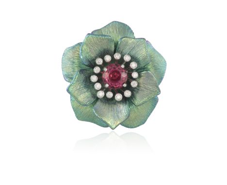 A TOURMALINE, DIAMOND AND TITANIUM RING, BY MARGHERITA BURGENERDesigned as a flowerhead, set with a circular-cut pink tourmal