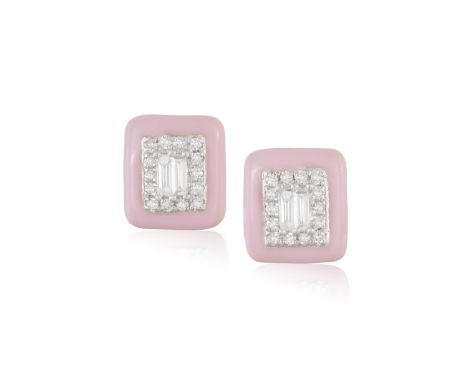 A PAIR OF DIAMOND AND ENAMEL EARSTUDSEach earstud composed of two brilliant-cut diamonds within a single-cut diamond surround