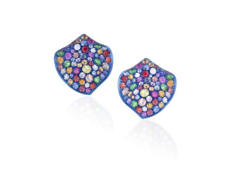 A PAIR OF GEM-SET AND TITANIUM EARRINGS, BY MARGHERITA BURGENEREach abstract leaf design accented with circular-cut multi-col